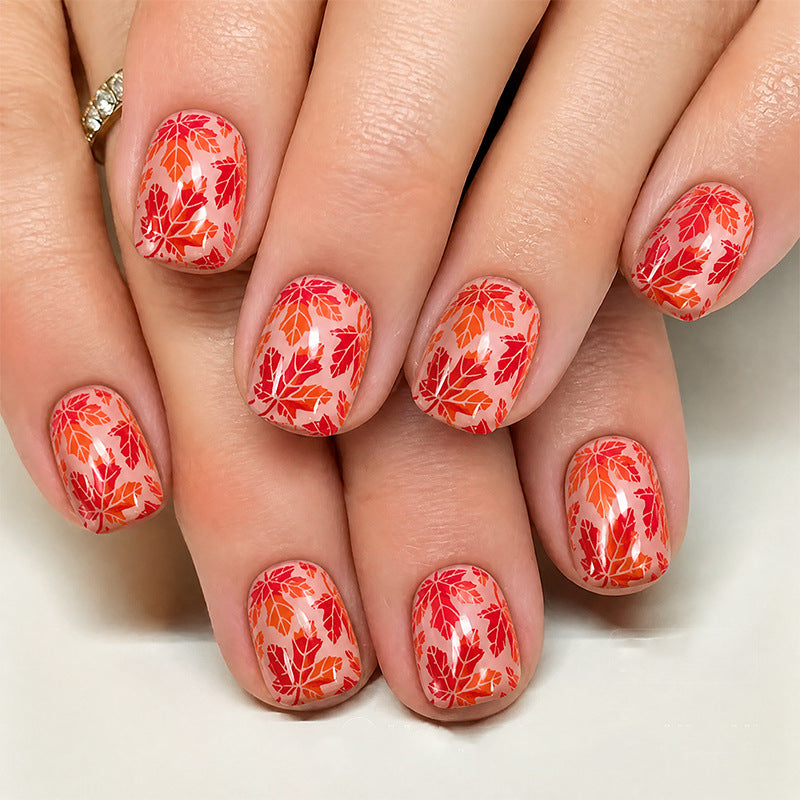 24pcs/Set Red Ombre Maple Leaves Press On Nails
