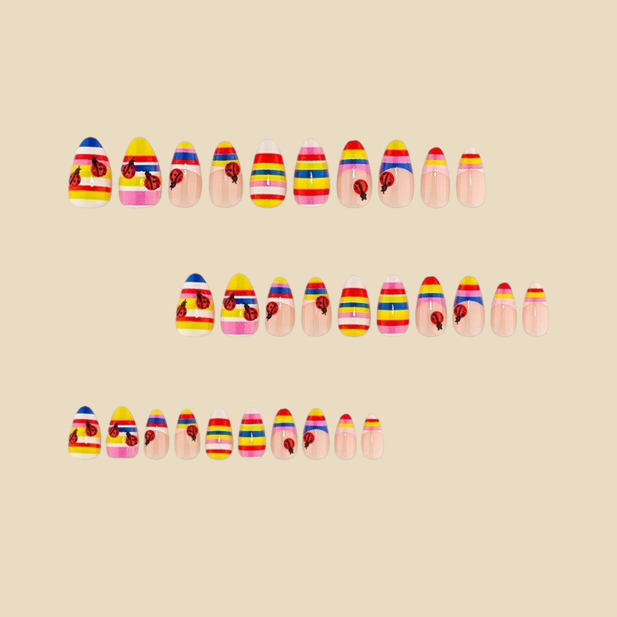 30pcs/Set Rainbow Stripe 3D Ladybug Press On Nails