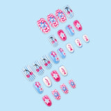 24pcs/Set Blue & White Striped Cherry Fish Press On Nails