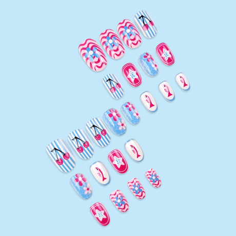24pcs/Set Blue & White Striped Cherry Fish Press On Nails