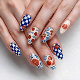 24pcs/Set Blue & White Checkered Tomato Press On Nails