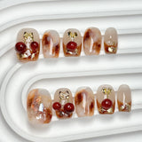 (Handmade) 10pcs/Set Amber Marble Nails with 3D Cherries Press-On Nails