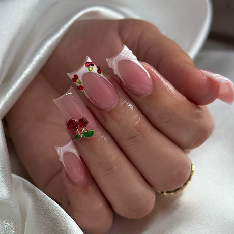 (Handmade) 10pcs/Set White French Tip 3D Cherry Rhinestone Press-On Nails