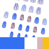 24pcs/Set Blue & White Plaid Floral Press On Nails