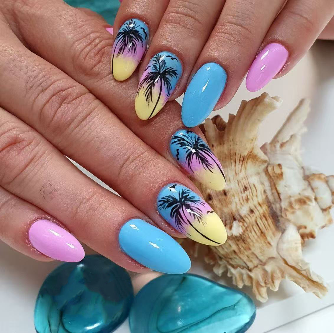24pcs/Set Pink & Blue Palm Tree Press On Nails