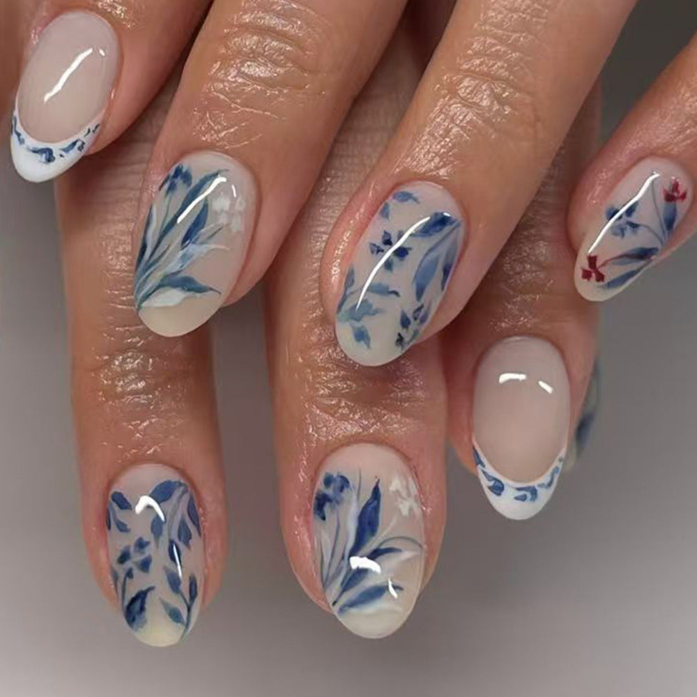 24pcs/Set Ink Painting Floral French Press-On Nails