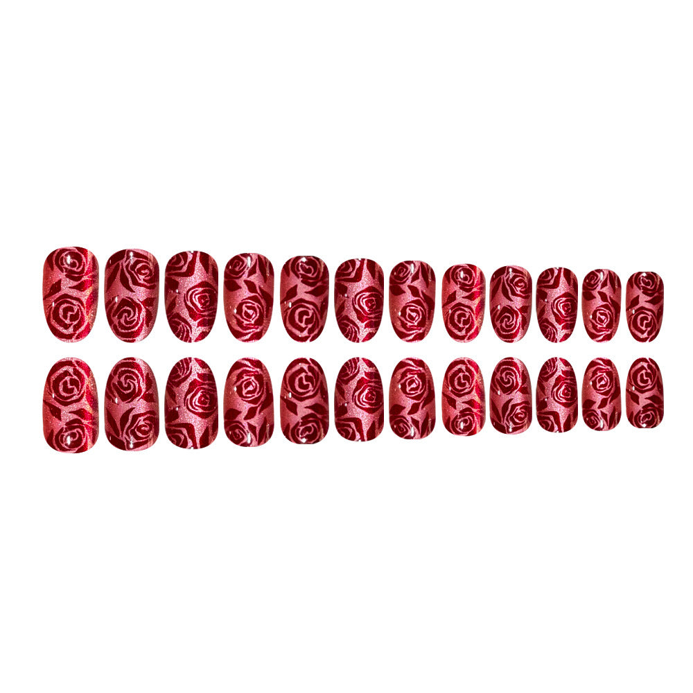 24pcs/Set Burgundy Rose Cat Eye Press On Nails