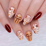 24pcs/Set Bow & Brown Coffee Line Art Press On Nails