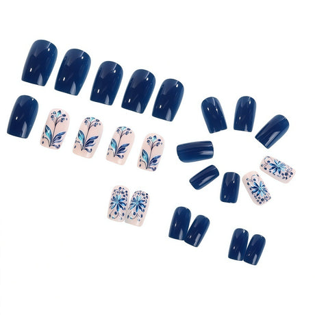 24pcs/Set Royal Blue Floral Press-On Nails