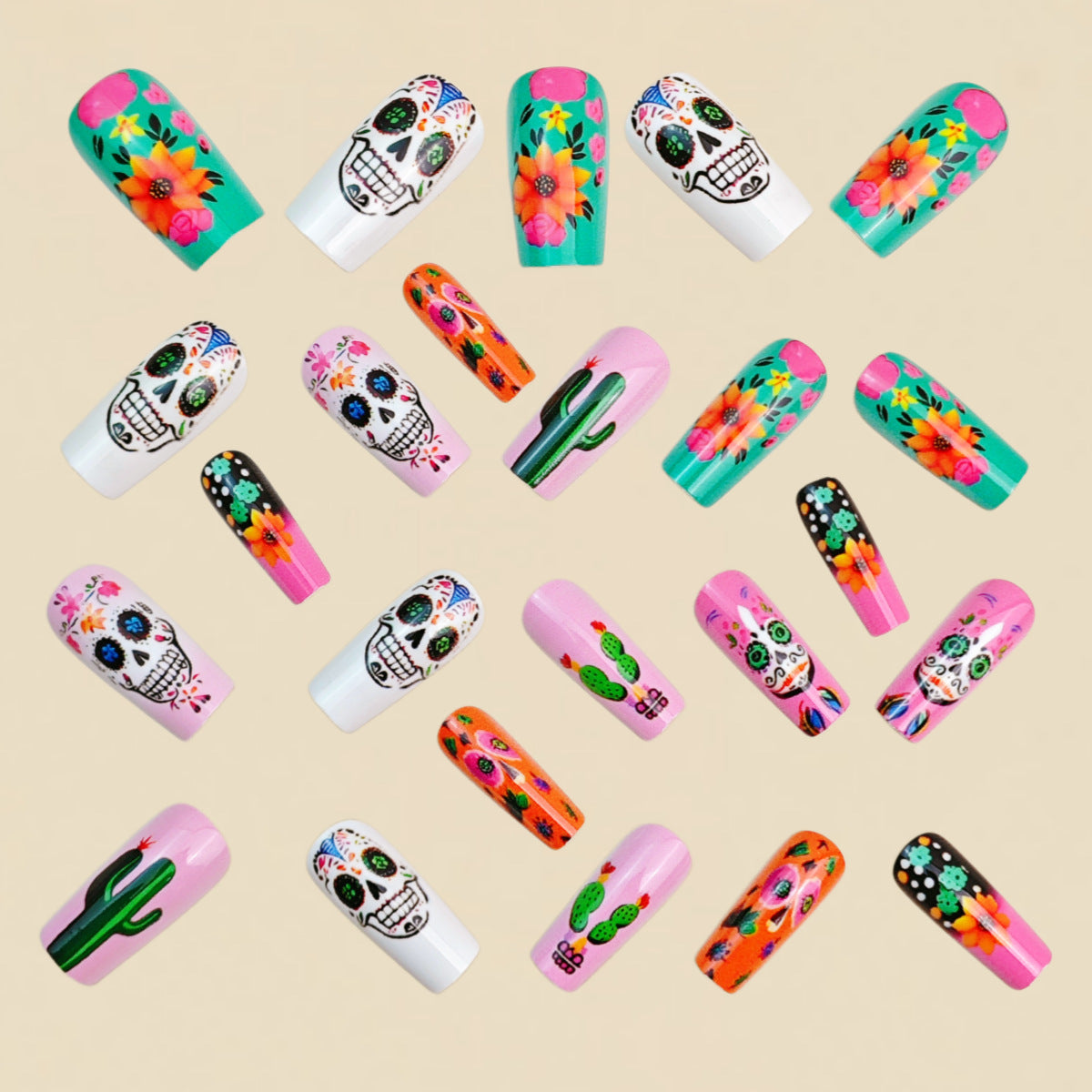 24pcs/Set Skull Cactus Sunflower Press-On Nails
