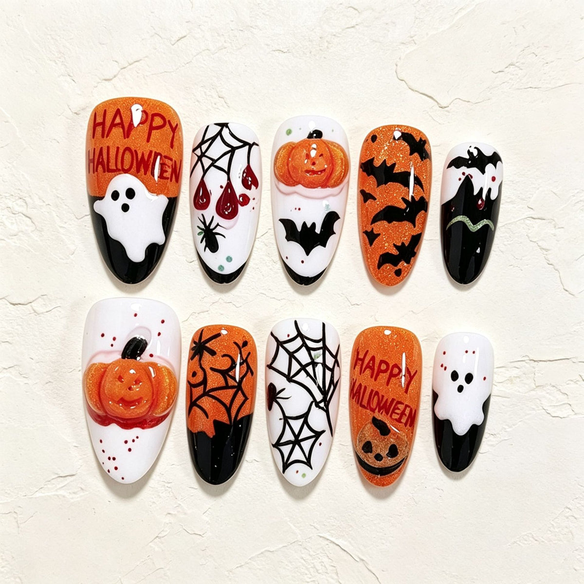 30pcs/Set Pumpkin Ghost Spiderweb & Bats Press-On Nails