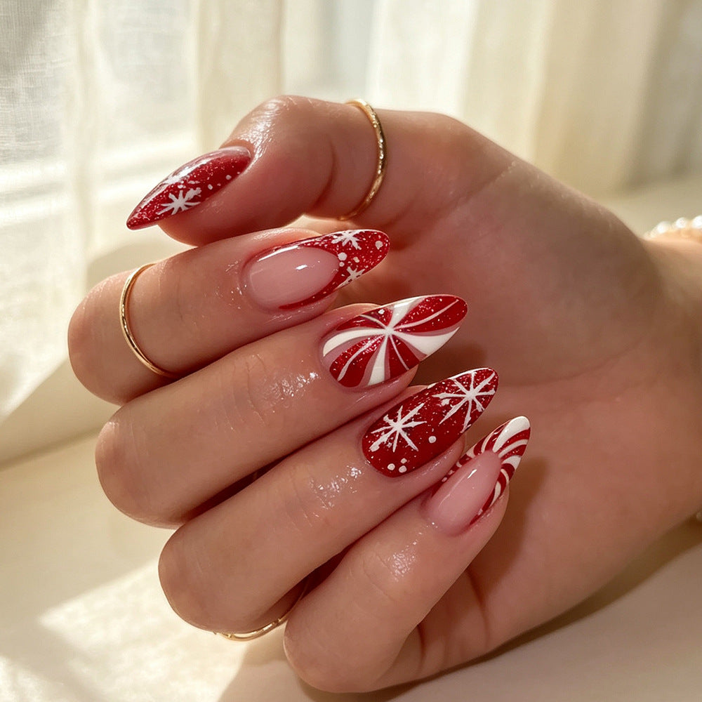 24pcs/Set Christmas Red Candy & Snowflakes Press On Nails