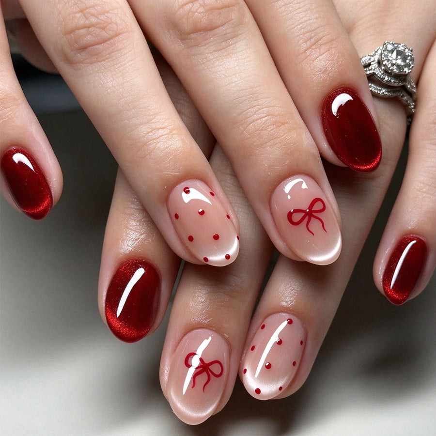 30pcs/Set Bow & Polka Dot Cat Eye Press-On Nails