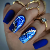 24pcs/Set Blue Ombre & Gold Stripes Press On Nails