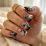 24pcs/Set Silver Glitter Black & Pink Spider Press On Nails