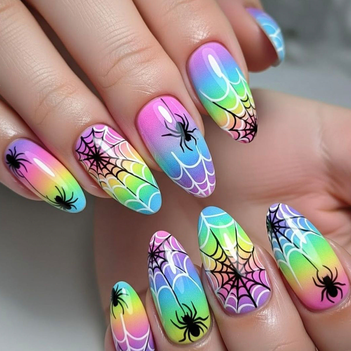 24pcs/Set Colorful Gradient Spider Web Press-On Nails