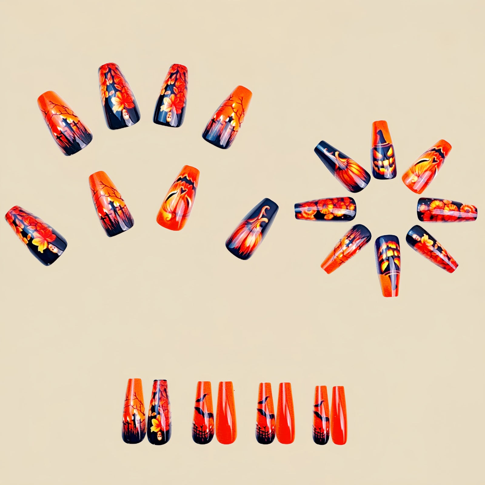 24pcs/Set Spooky Pumpkin & Floral Press-On Nails