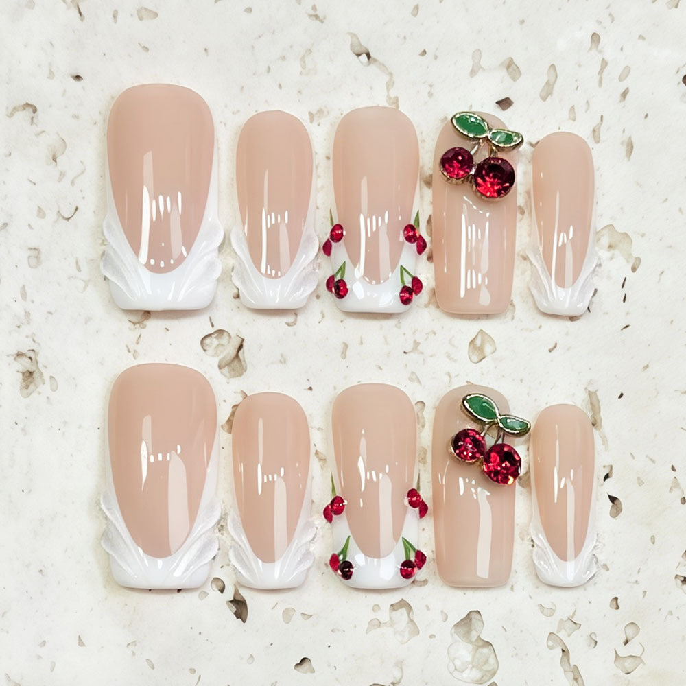 (Handmade) 10pcs/Set White French Tip 3D Cherry Rhinestone Press-On Nails