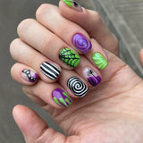 24pcs/Set Green & Purple Spiderweb Spiral Stripes Press On Nails