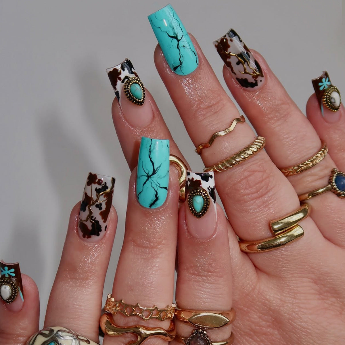 24pcs/Set Teal Striped Ink Wash Press-On Nails