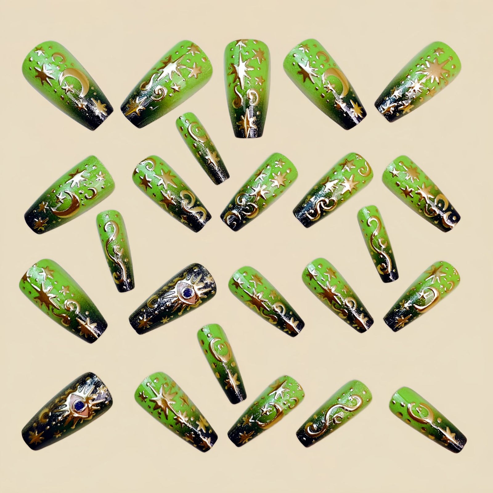 24pcs/Set Green Gradient Stars & Moon Press-On Nails