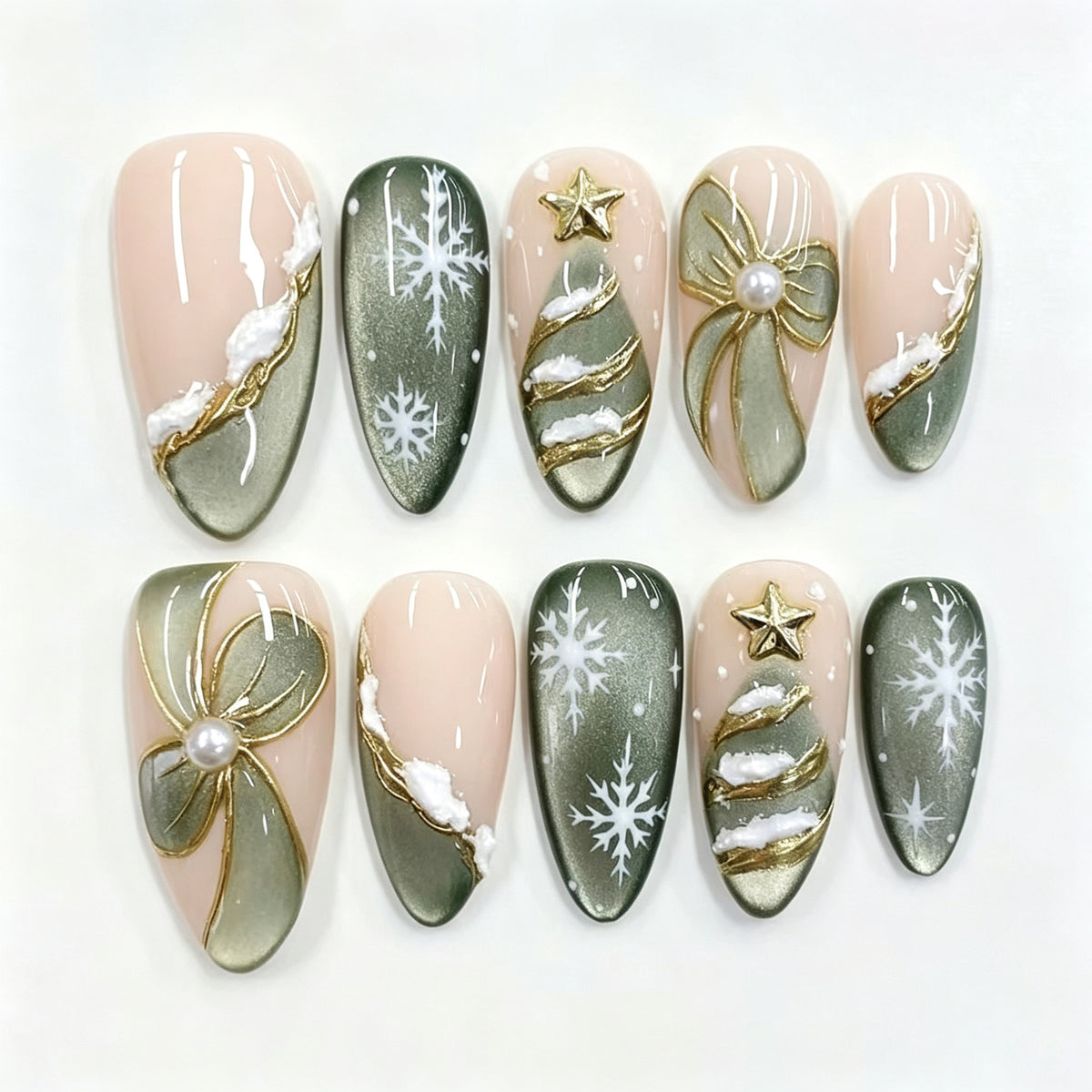 24pcs/Set Cat-Eye Bow & Gold Snowflakes Press On Nails