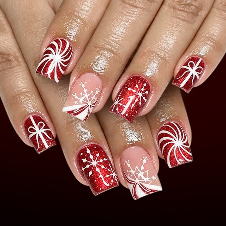 24pcs/Set Red Snowflake Bow Press On Nails