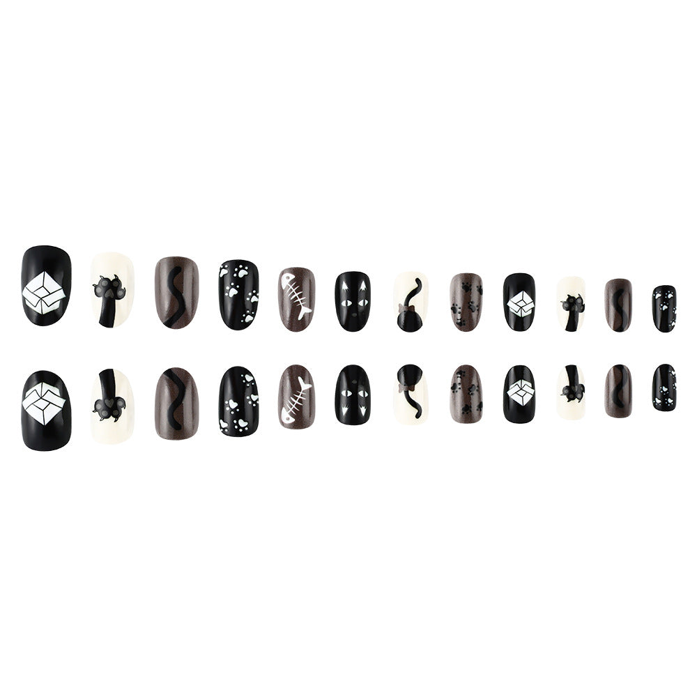24pcs/Set Black & White Cat Paws Press On Nails