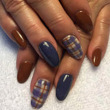 24pcs/Set Blue & Brown Color-Block Plaid Press On Nails