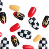 24pcs/Set Checkerboard Flames Press-On Nails