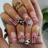 24pcs/Set French Tips with 3D Lily Flowers Press On Nails