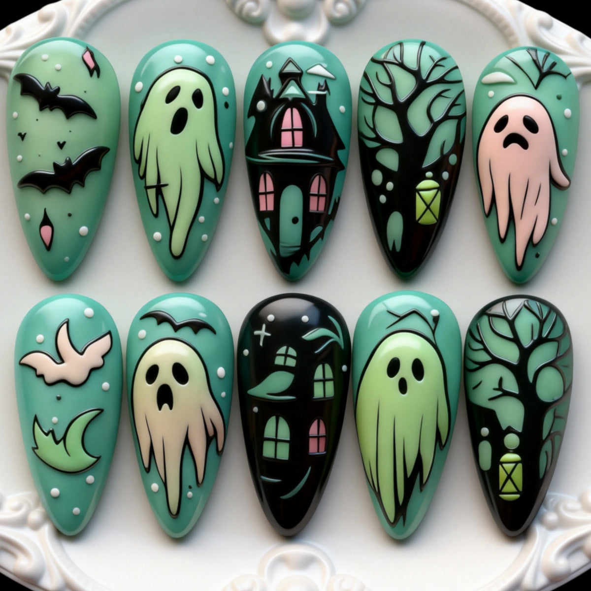 30pcs/Set Ghost, Haunted Castle, Spooky Tree & Bats Press On Nails