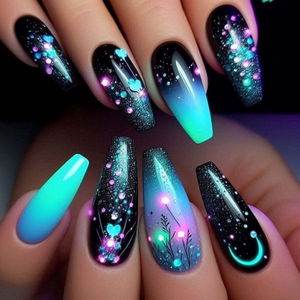 24pcs/Set Black & Blue Galaxy Ombre Press On Nails