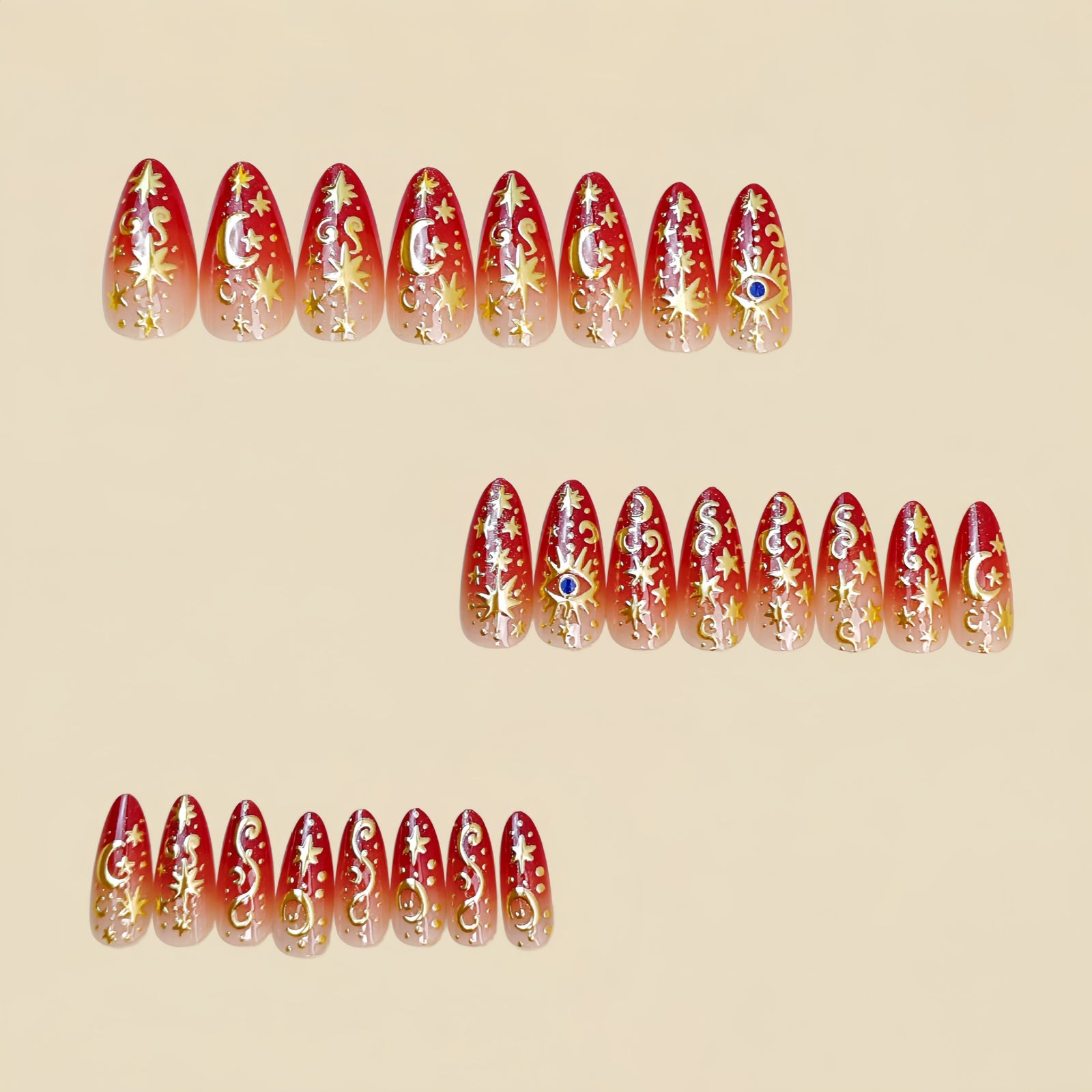 24pcs/Set Red & Gold Foil Stars & Moon Press-On Nails