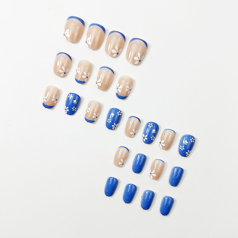24pcs/Set Blue French Tip Bumblebee Press-On Nails