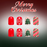 24pcs/Set Red, Green & White Striped Snowflakes Press On Nails
