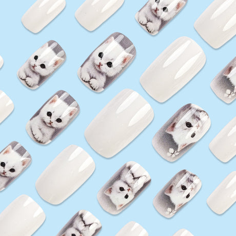 24pcs/Set White Cat Press On Nails