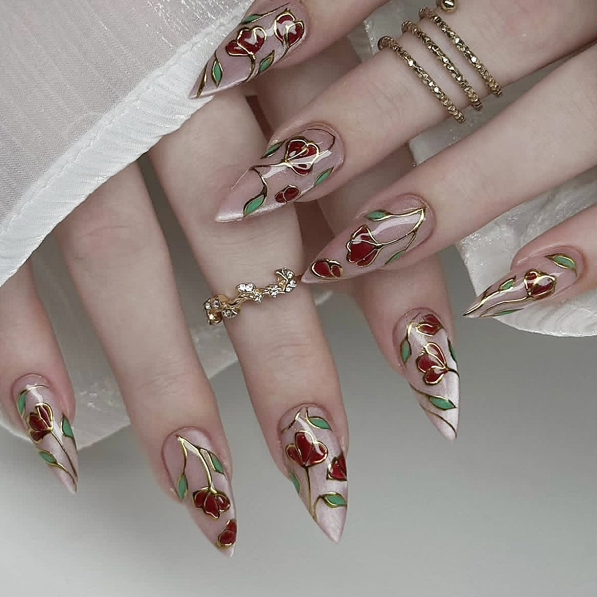24pcs/Set Sparkling Cat Eye Floral Press On Nails
