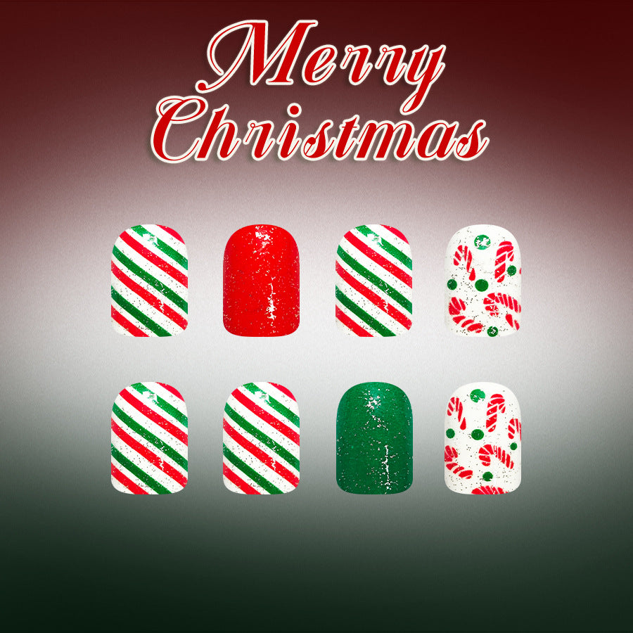 24pcs/Set Red, Green & White Striped Snowflake Christmas Trees Press On Nails