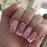 24pcs/Set White French Tips with Glitter Snowflakes Press-On Nails