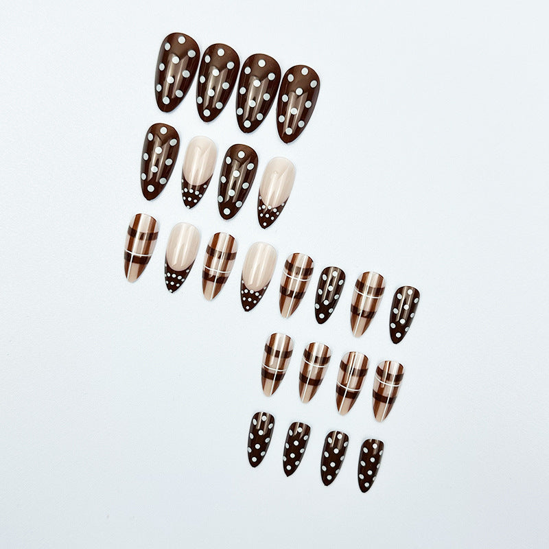 24pcs/Set Brown French Polka Dot Plaid Press-On Nails