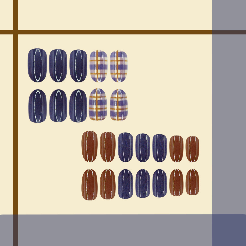 24pcs/Set Blue & Brown Color-Block Plaid Press On Nails