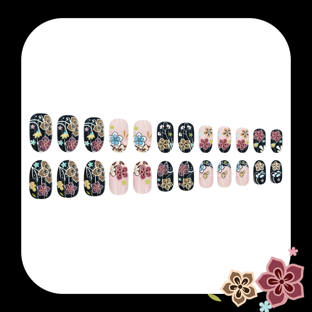 24pcs/Set Black Floral Nails Press On Nails