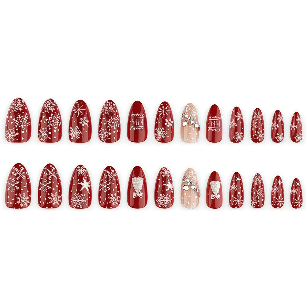 30pcs/Set 3D Burgundy Rhinestone Snowflakes Press On Nails