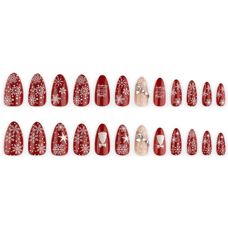 30pcs/Set 3D Burgundy Rhinestone Snowflakes Press On Nails