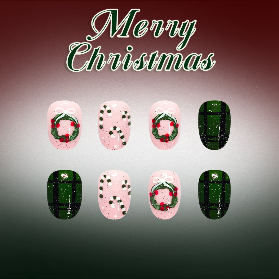 24pcs/Set Christmas Wreath & Candy Press On Nails