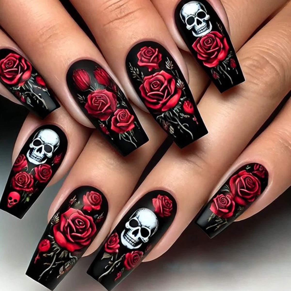24pcs/Set Matte Red Rose & Skull Press-On Nails