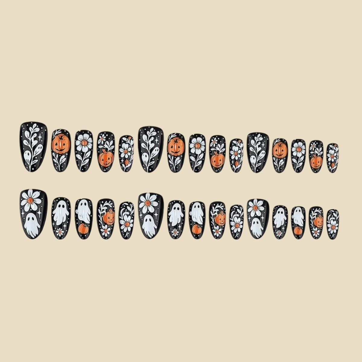 24pcs/Set Black Daisy Ghost Pumpkin Press On Nails