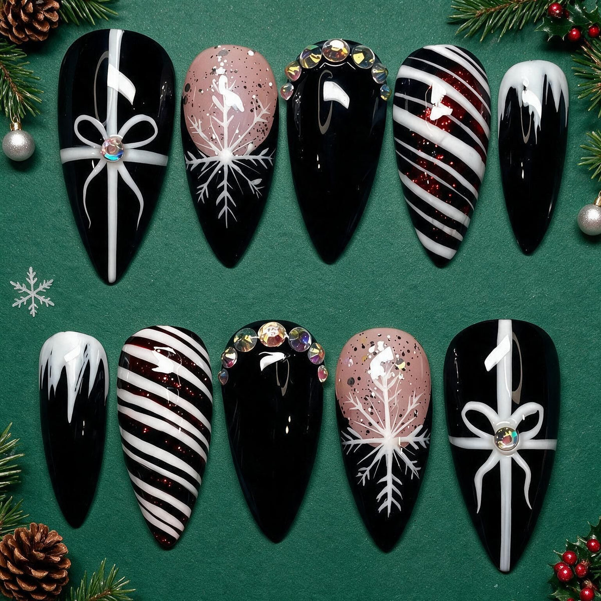 24pcs/Set Bow & Snowflake Stripes Press-On Nails
