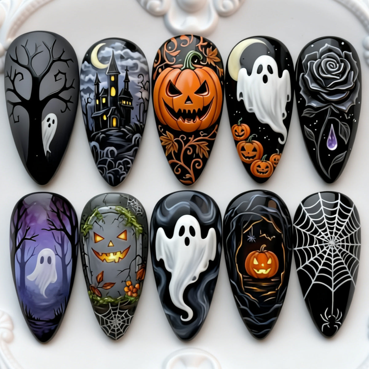 30pcs/Set Haunted Castle, Ghost, Pumpkin & Spooky Tree Press On Nails